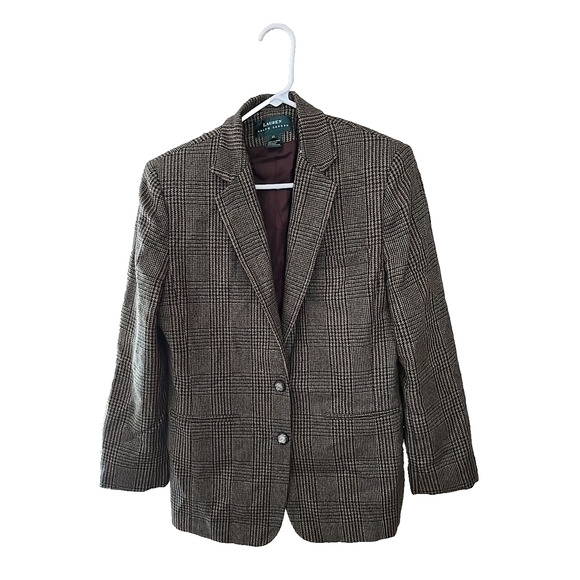Lauren Ralph Lauren Plaid Linen Alpaca 2-Buttons Elbow Patch Blazer Womans 12